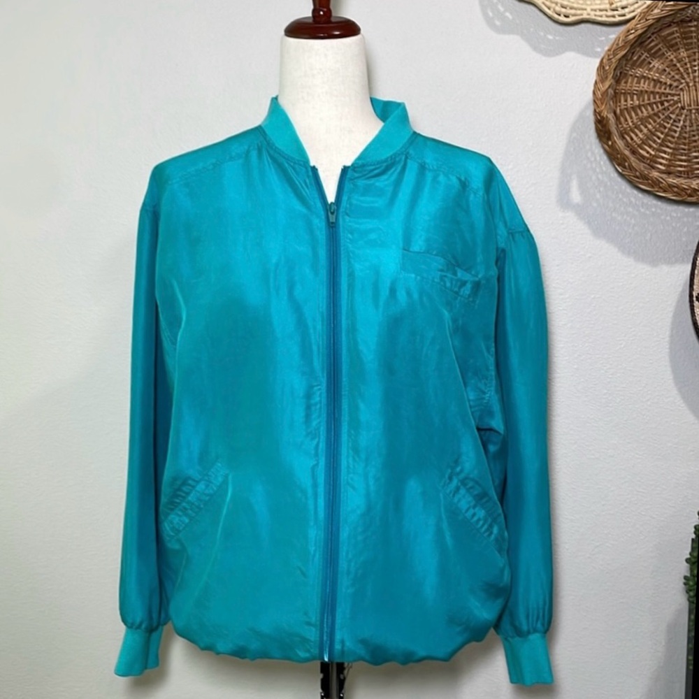 VTG 80’s 90’s SILK Bomber Jacket Coat Teal Turquoise Streetwear Oversized Medium